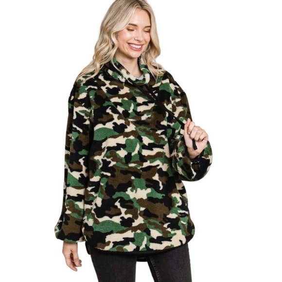 Culture Code Camo Print Faux Fur High Neck Binding Pullover Top CFU1316CP - Picture 4 of 9